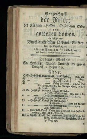 Verzeichniß der Ritter des Fuerstlich-Hessen-Casselischen Orden vom goldenen Loewen