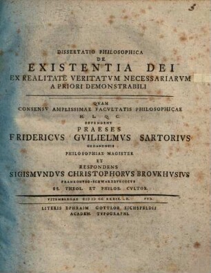 Diss. philos. de existentia Dei ex realitate veritatum necessariarum a priori demonstrabili