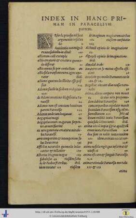 Index In Hanc Primam In Paracelsum partem.