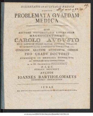 Dissertatio Inavgvralis Medica Sistens Problemata Qvaedam Medica