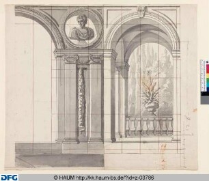 Kassel: Entwurf für eine Schmuckwand: Zwei Rundbogen mit antiker Büste, bepflanzter Vase und Ausblick in einen Garten