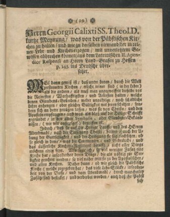 Herrn Georgii Calixti SS. Theol. D. kurtze Rechnung / ...