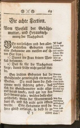 Die achte Lection. Vom Vorfall der Gebährmutter, und Herausnehmung der Nachgeburt