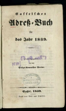1839: Casselsches Adreß-Buch : fuer das Jahr 1839