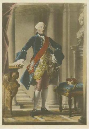 Herzog Carl Eugen von Württemberg in neoklassizistischem Zimmer stehend in Halbprofil
