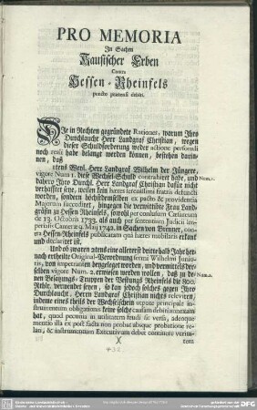 Pro Memoria In Sachen Kausischer Erben Contra Hessen-Rheinfels puncto praetensi debiti