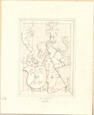 Hoffstadt, Friedrich; Mappe: Grabmonumente - "Hanns von Bernzheim, 1491", kniender Ritter in Rüstung mit Fahne, Schild u. Schwert (Ansicht)