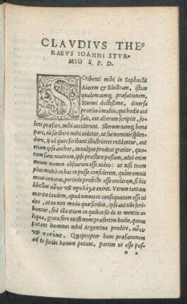 Claudius Theraeus Ioanni Sturmio S. P. D.