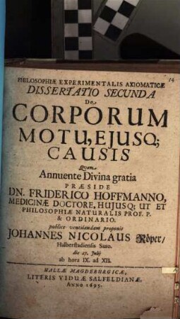 Philosophiae experimentalis axiomaticae diss. II., de corporum motu, eiusque causis