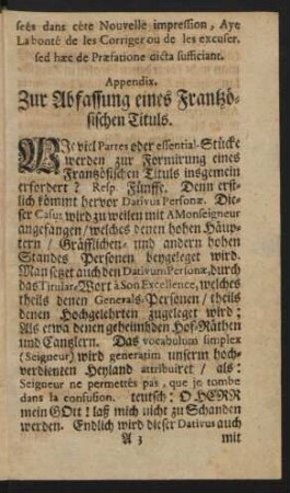 Appendix. Zur Abfassung eines Frantzösischen Tituls.