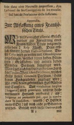 Appendix. Zur Abfassung eines Frantzösischen Tituls.