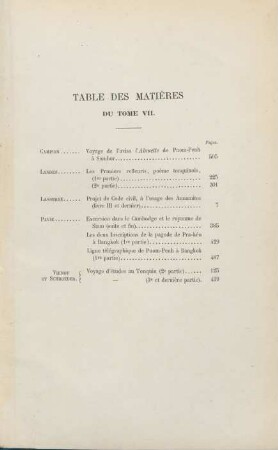 Table des matières du tome VII