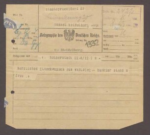 Glückwunschtelegramm des Bankier Aland, Halberstadt, an Hermann Hummel, 1 Telegramm