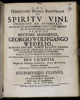 Dissertatio Medica Inauguralis De Spiritu Vini