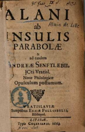 Parabolae et ad easdem Andreae Senftlebii notae philologicae