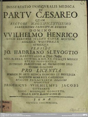 Dissertatio Inauguralis Medica De Partu Caesareo