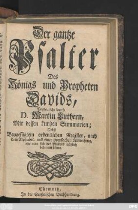 Der gantze Psalter Des Königs und Propheten Davids