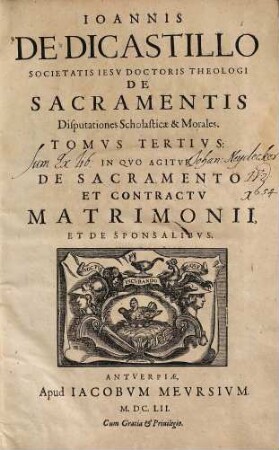 Ioannis de Dicastillo Societatis Iesu ... De sacramentis disputationes scholasticae & morales, 3. In Qvo Agitvr De Sacramento Et Contractv Matrimonii, Et De Sponsalibvs