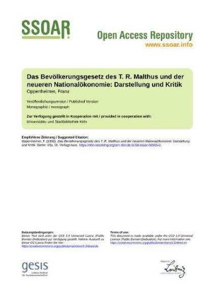 Das Bevölkerungsgesetz des T. R. Malthus und der neueren Nationalökonomie: Darstellung und Kritik