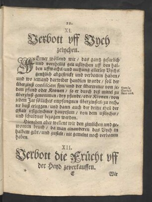 XI. Verbott uff Vych zelychen.
