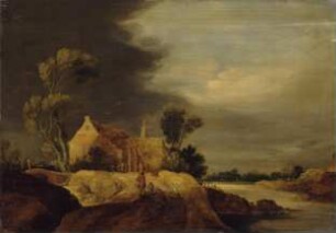 Landschaft mit Bauernhaus an einem Fluß