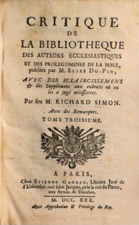 Critique de la bibliothèque des auteurs ecclésiastiques et des prolégomenes de la bible, 3
