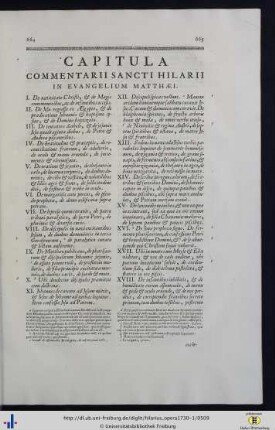 Capitula Commentarii Sancti Hilarii In Evangelium Matthaei.