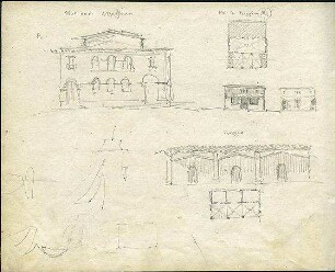 Gärtner, Friedrich von; Sizilien; Skizzenbuch Sizilien - Messina, Reggio Calabria, Wohngebäude (Perspektive, Grundriss)