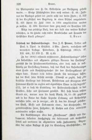 328-329 [Rezension] Pruner, Johann Evangelist von, Lehrbuch der Pastoraltheologie, 2. Aufl