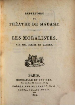 Répertoire du théâtre de Madame. 19. Les moralistes. Malvina, ou un mariage d'inclination. Théobald. Mme. de Ste. Agnes