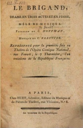 Le Brigand : drame en trois actes et en prose, mêlé de musique