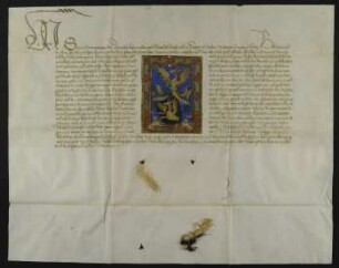 Kaiser Sigmund verleiht Johann Hutz und seinen Erben das auf der Urkunde abgebildete Wappen.