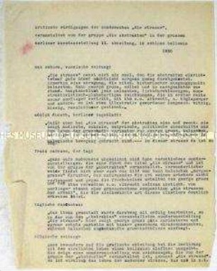 Typoskript mit der Wiedergabe kritischer Stellungnahmen in Tageszeitungen zu der Sonderschau "Die Straße" in der Großen Berliner Kunstausstellung 1930 - Sachkonvolut