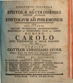 Diss. exeg. in Epistolae ad Colossenses, Pars altera. ... et Epistolium ad Philemonem