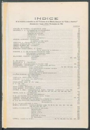 Índice de las materias contenidas en el 2° Volumen de la Edición Semanal de "Cuba y América" - Semestre de 1 de Junio á 30 de Noviembre de 1902.