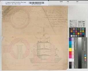 Zeichnung einer Dampfbranntweinbrennerei- [Kessel]- anlage für Daniels und Genossen unter Kapellen [bei Geldern]. Angefertigt durch Heinrich Wedershoven, konz. Kupferschläger, Brunnen- und Pumpenmacher. 1862 Nov. 24, Geldern