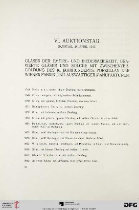 [Gläser der Empire- und Biedermeierzeit, gravierte Gläser und solche mit Zwischenvergoldung des 18. Jahrhunderts] (Nr. 1048-1229)