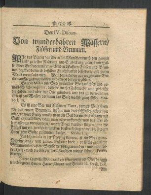 Der IV. Discurs. Von wunderbahren Wassern/ Flüssen und Brunnen.
