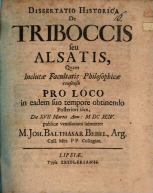 Dissertatio Historica De Triboccis seu Alsatis