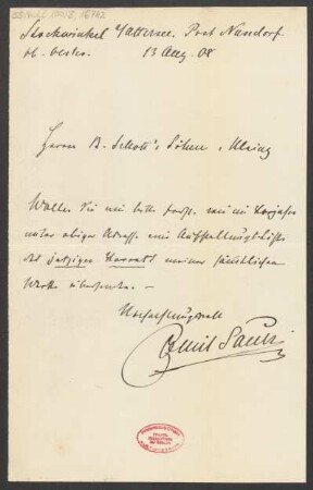Brief an B. Schott's Söhne : 13.08.1908