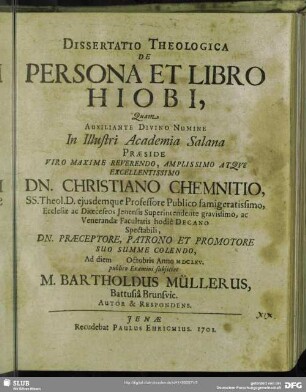 Dissertatio Theologica De Persona Et Libro Hiobi