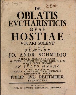 De Oblatis Evcharisticis Qvae Hostiae Vocari Solent