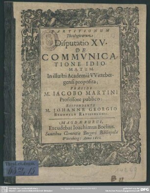 Partitionum Theologicarum, Disputatio XV. De Commvnicatione Idiomatum