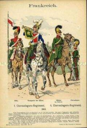 Uniformdarstellung, Reiter und Trompeter der Elite des 1. Chevauleger-Regiments, Offizier und Gemeiner des 4. Chevauleger-Regiments, Erstes Kaiserreich Frankreich, 1812.