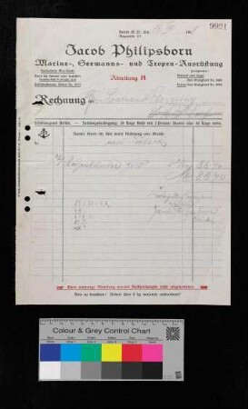 Rechnung für Mützenbänder "S.M.S "Wolf", gold von Jacob Philipsborn, Berlin