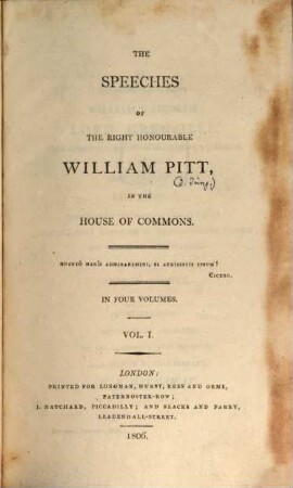 The speeches of ... William Pitt in the House of Commons : in four volumes, 1