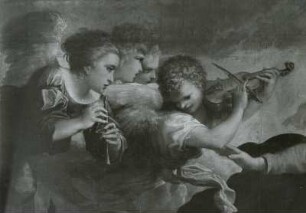 Die Himmelfahrt Mariae, Detail Engelsmusik : Annibale Carracci (1560-1609): Die Himmelfahrt Mariae. Ausschnitt: linke obere Bildecke, Detail Engelsmusik. 1587. Öl auf Leinwand; 381 x 245 cm. Dresden: Gemäldegalerie Alte Meister Gal.-Nr. 303