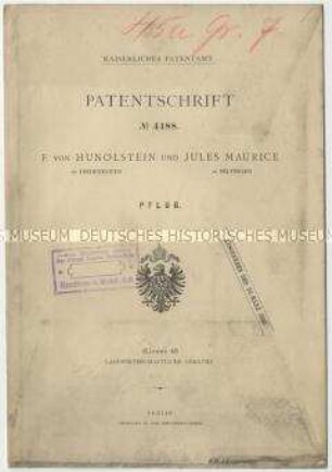 Patentschrift eines Pfluges, Patent-Nr. 4488
