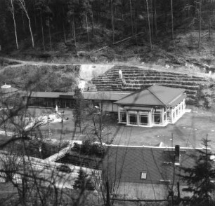 Bad Schandau, Kirnitzschtalstraße 6. Kurgarten an der Kirnitzschtal-Klinik. Trinkhalle und Pavillon. Straßenansicht. Blick von einem erhöhten Standort gegen Wanderweg am Hang