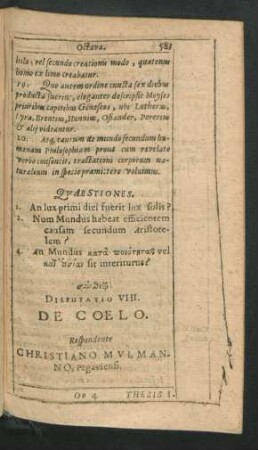 Disputatio VIII. De Coelo. Respondente Christiano Mulmanno